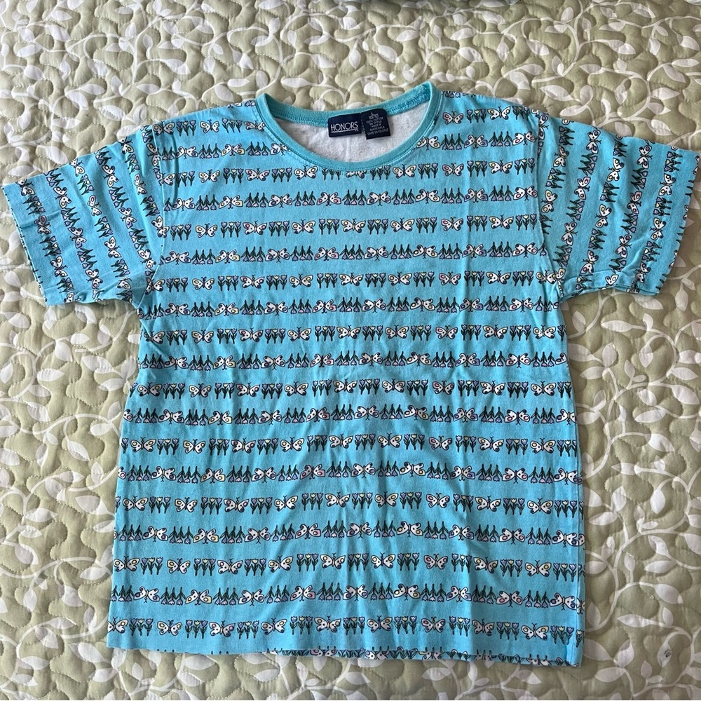 Honors girls L 10/12 blue floral/butterfly striped tee